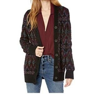 Lucky Brand  Cardigan Black Red Shine Fair Isle Button Up Grandpa chunky boho XS